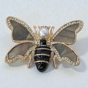 Vintage Napier Bee Brooch Abalone Shell Wings Faux Pearl Gold Tone Enamel